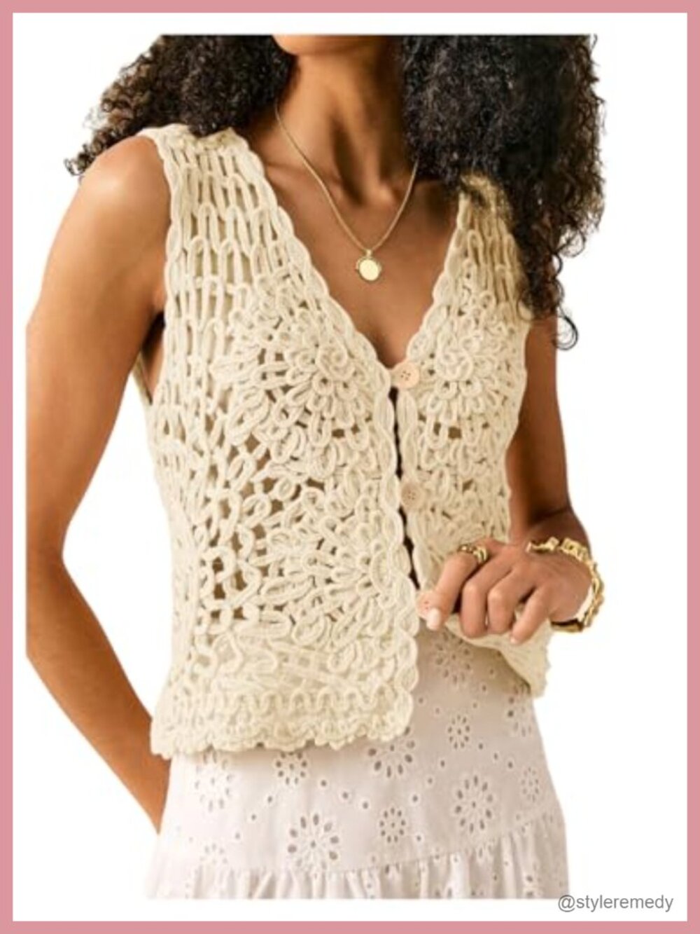 Button Up Crochet Vest Hollow Out V Neck Sleeveless Knit Tank Top